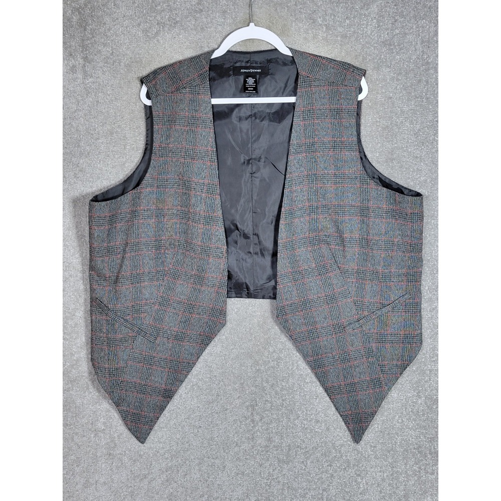 Ashley Stewart Open Front Vest Womens‎ Size 22/24 Gray Black Red Plaid Lined